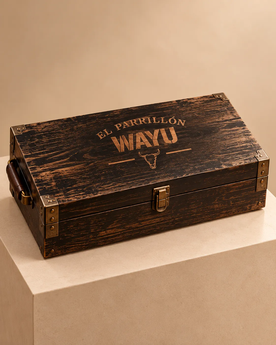 Baúl de madera rústica WAYU incluido en el Baúl El Parrillón WAYU de BOXIA