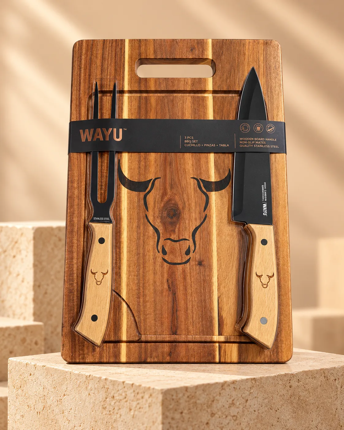 Tabla Parrillera WAYU de madera con identidad de marca