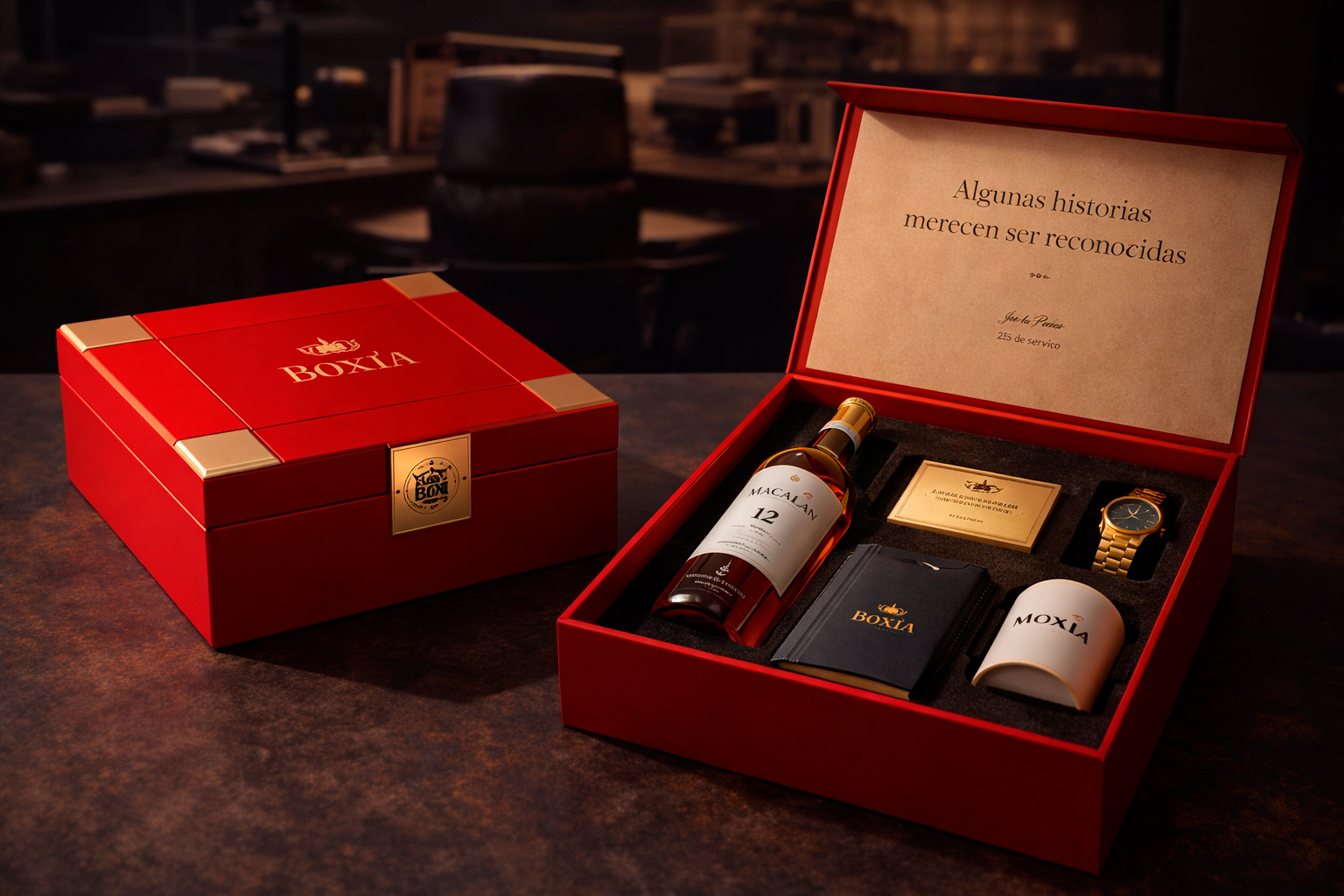 Caja corporativa premium BOXIA con productos exclusivos para experiencias empresariales y cultura organizacional