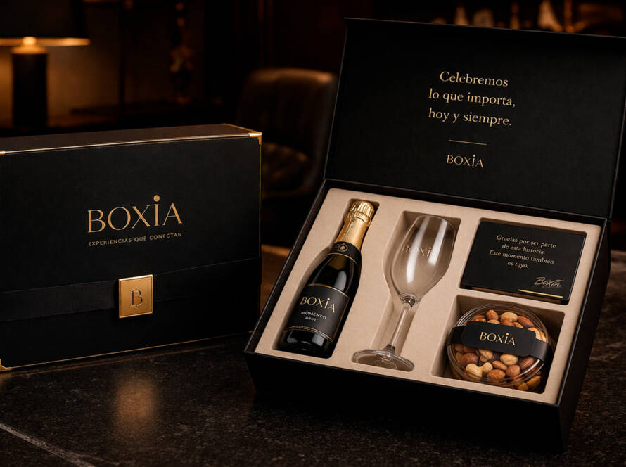 Caja corporativa BOXIA con snacks y productos premium para celebraciones empresariales y eventos corporativos